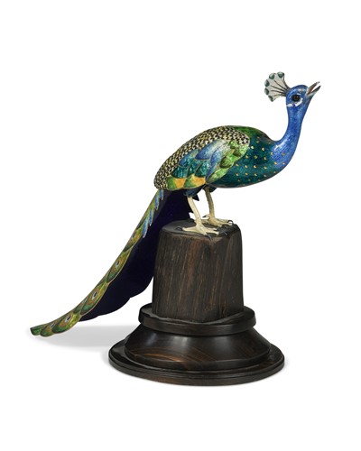 Lot 489 - An enamelled metalwares model of a peacock, 20th century