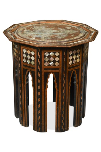 Lot 532 - A mother-of-pearl and hardwood occasional table as retailed by Liberty, Syrian, late 19th century
