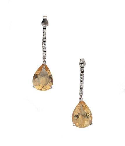 Lot 27 - A pair of citrine and diamond ear pendants