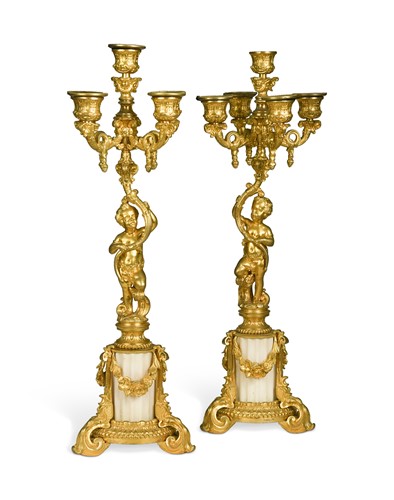 Lot 637 - A pair of French gilt bronze candelabra, late 19th century