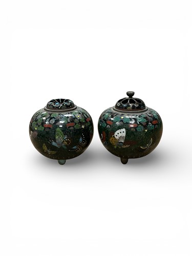 Lot 59 - A pair of Meiji dark green cloisonne pot...