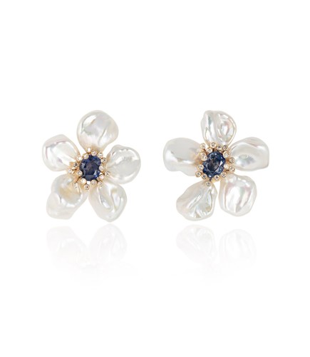 Lot 157 - Fei Liu - A pair of keshi pearl, sapphire and diamond flower ear studs