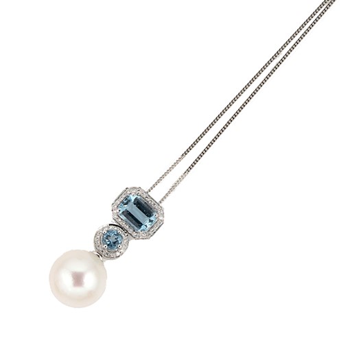 Lot 145 - Fei Liu - A cultured south sea pearl, aquamarine and diamond pendant and chain