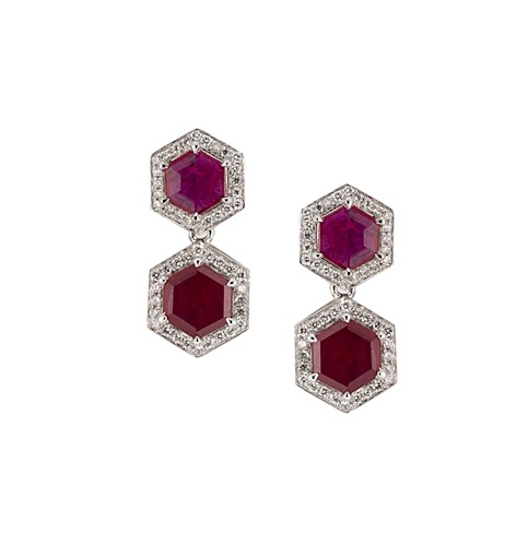 Lot 216 - Fei Liu - A pair of ruby and diamond ear pendants