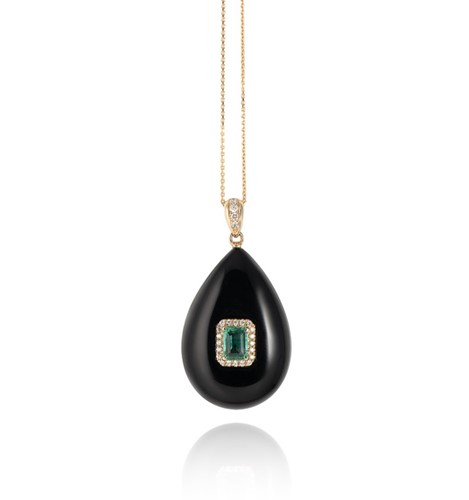 Lot 50 - Fei Liu - An emerald, onyx and diamond pendant and chain