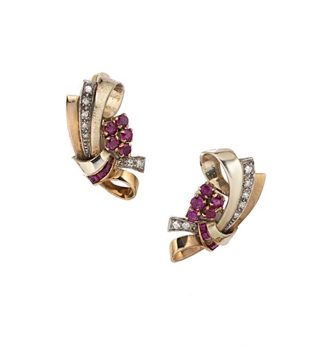 Lot 46 - A pair of ruby and diamond earrings