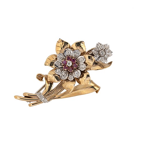 Lot 42 - A mid 20th century ruby and diamond flower brooch