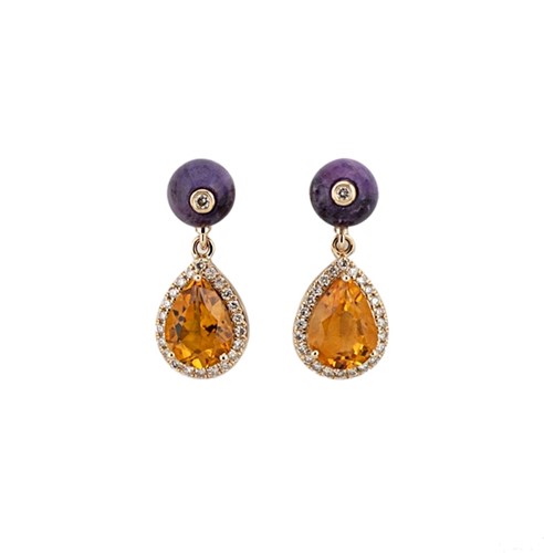 Lot 61 - A pair of citrine, diamond and amethyst ear pendants