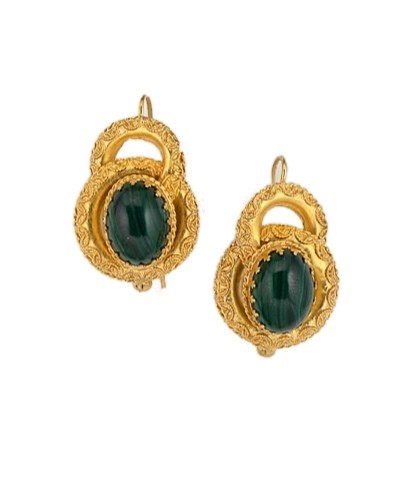 Lot 81 - A pair of Victorian Etruscan revival malachite ear pendants