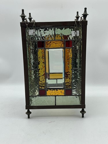 Lot 94 - A circa 1900 brass and stained glass hall...