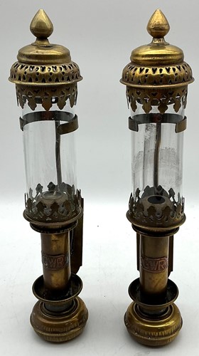 Lot 135 - A pair of Victorian GWR brass candle lanterns...