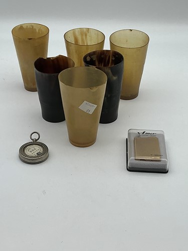 Lot 128 - Six antique horn beakers, bee light meter etc
