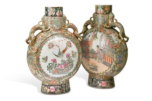 Lot 27 - A pair of famille rose moon flasks, modern,...