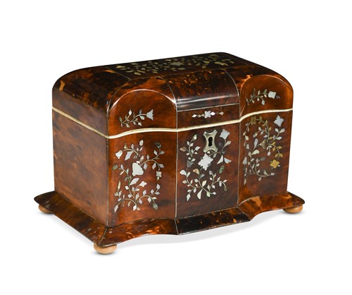 Lot 557 - A tortoiseshell and mother-of-pearl inlaid tea caddy, 19th century