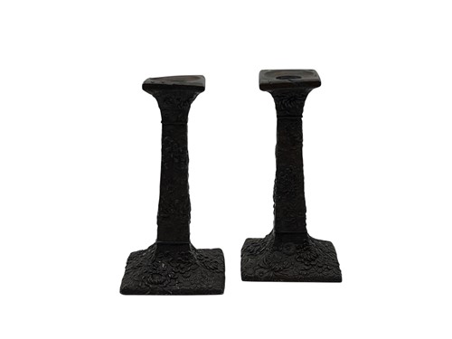 Lot 187 - A pair of Japanese bronzed candlesticks, 20th...