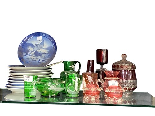 Lot 188 - A Victorian cranberry glass jug and two salts,...