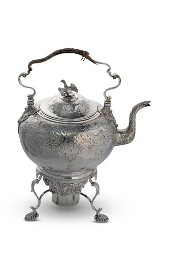Lot 364 - A Victorian silver tea kettle on burner stand