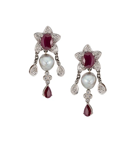Lot 215 - A pair of ruby, diamond and baroque pearl ear pendants