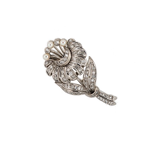 Lot 127 - A diamond and pearl chrysanthemum brooch