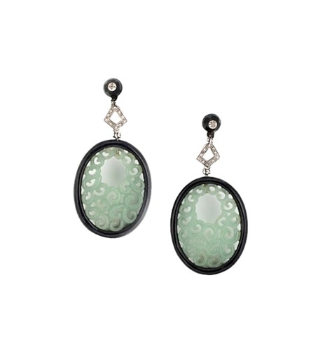 Lot 99 - A pair of modern onyx, diamond and carved jade ear pendants