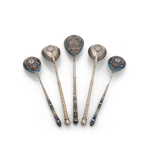 Lot 440 - A group of five Russian silver and enamelled teaspoons