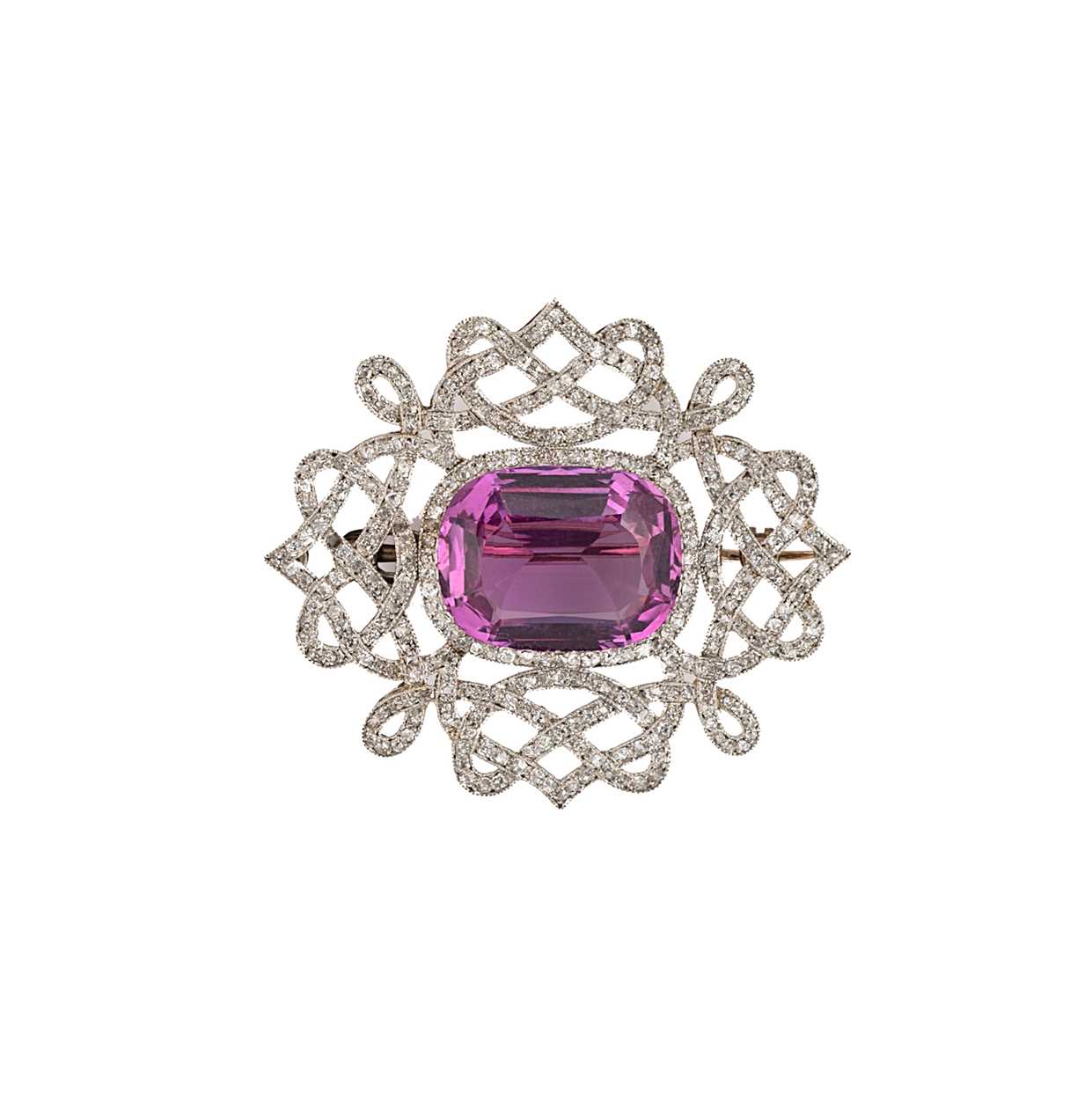 Lot 213 - An early 20th century pink topaz and diamond brooch