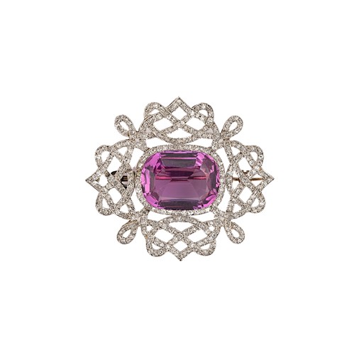 Lot 213 - An early 20th century pink topaz and diamond brooch