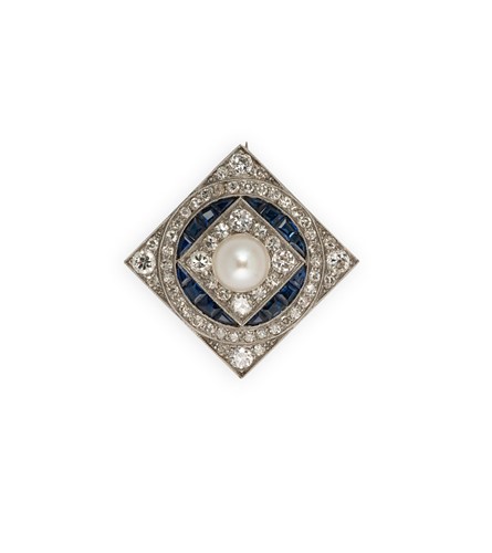 Lot 7 - An Art Deco pearl, sapphire and diamond brooch