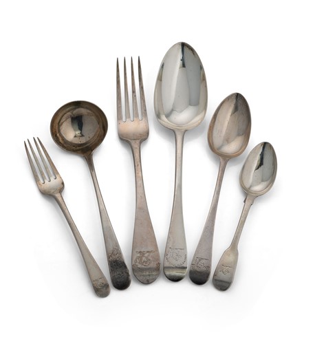 Lot 351 - A William IV and later composite canteen of silver flatware
