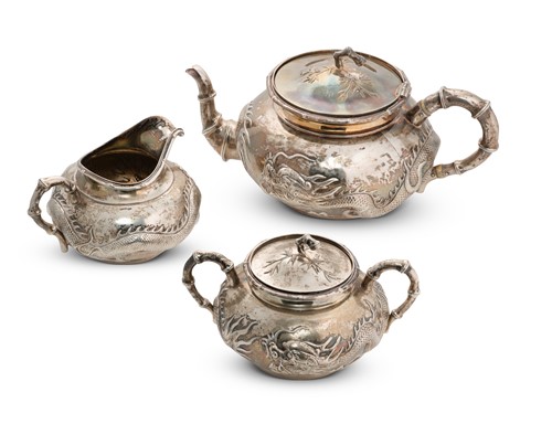 Lot 453 - A 19th century Chinese silver three-piece tea set