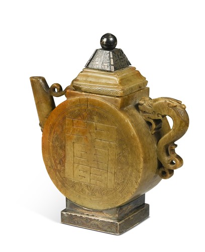Lot 66 - A Chinese silver mounted and carved soapstone teapot and cover