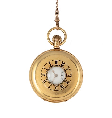 Lot 229 - Schierwater & Lloyd Liverpool - An 18ct gold half hunter pocket watch and chain