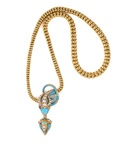 Lot 68 - A Victorian enamel, pearl and ruby serpent necklace
