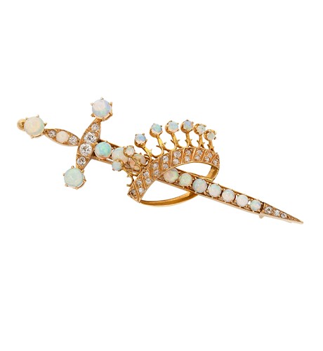 Lot 24 - A cased early 20th century opal and diamond dagger and crown brooch