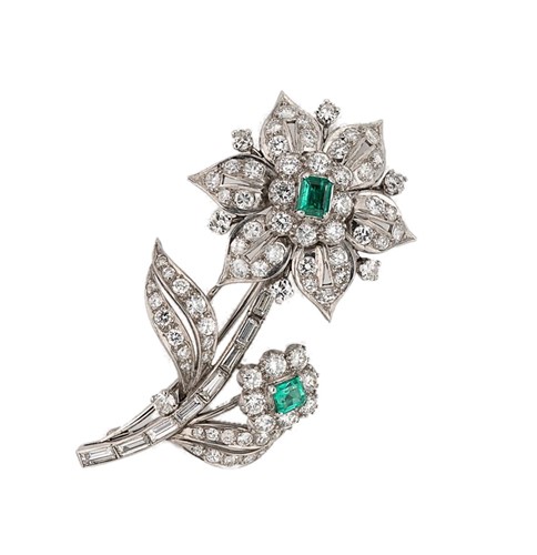 Lot 202 - A mid 20th century emerald and diamond flower brooch
