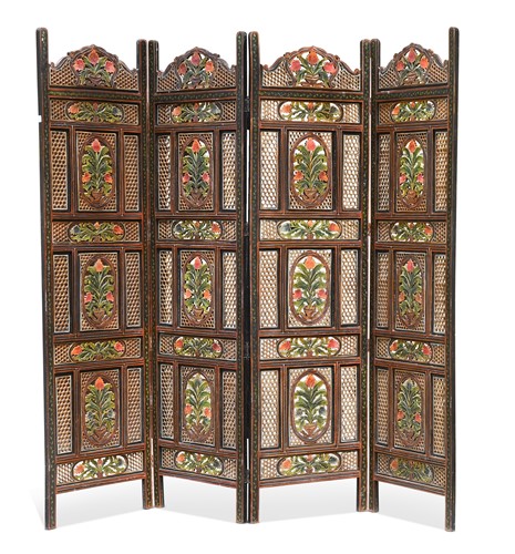 Lot 628 - An Indian polychrome-painted rosewood four-fold screen, 20th century