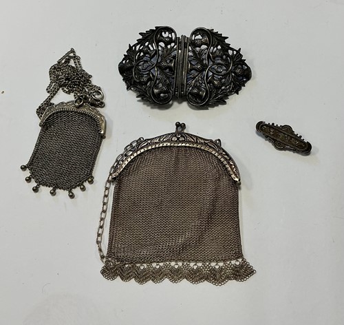 Lot 366 - A nurses belt buckle, tested as silver, a mesh...