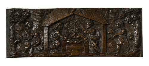 Lot 402 - An oak panel carved with the Nativity, early 17th century
