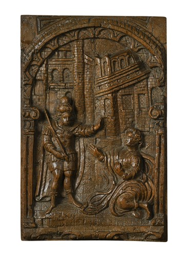 Lot 393 - An Elizabethan oak panel carved with the Annunciation, circa 1600