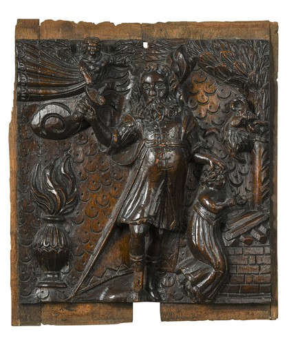 Lot 441 - An oak panel carved with a Biblical scene of Abraham and Isaac, early 17th century