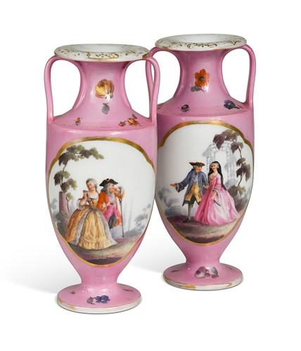 Lot 510 - A pair of Berlin two-handled vases, late 19th century