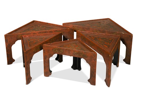 Lot 68 - A nest of five Japanese cinnabar lacquer corner tables, early 20th century