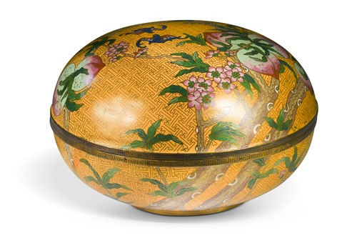 Lot 454 - A Chinese cloisonné large peach box and cover, 20th century