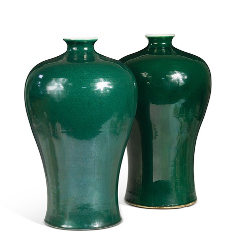 Lot 39 - A pair of Chinese porcelain apple green glazed meiping vases, 20th century