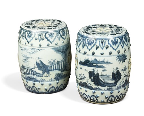 Lot 430 - A pair of Chinese style blue and white garden seats, of recent manufacture