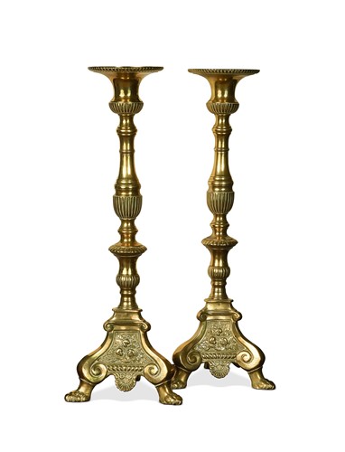Lot 364 - A pair of brass altar candlesticks, 20th century