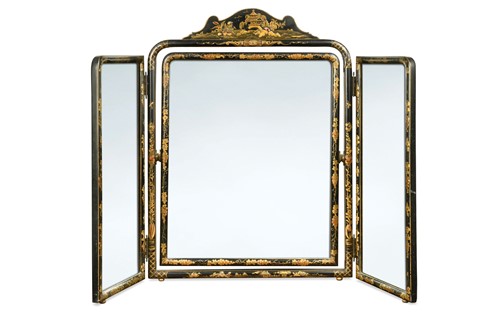 Lot 548 - A triptych chinoiserie-decorated black and gilt dressing table mirror, early 20th century