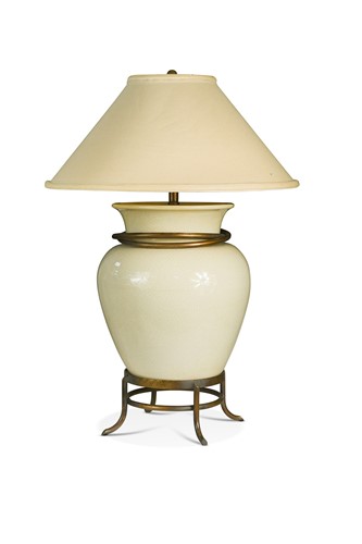 Lot 584 - A crackle glaze pottery and painted metal table lamp, modern