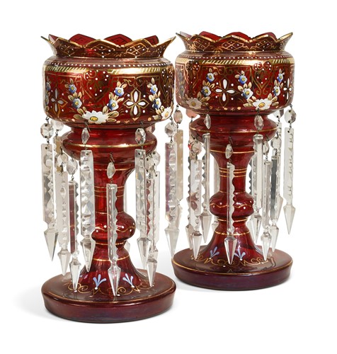 Lot 586 - A pair of large ruby glass lustres, late 19th century