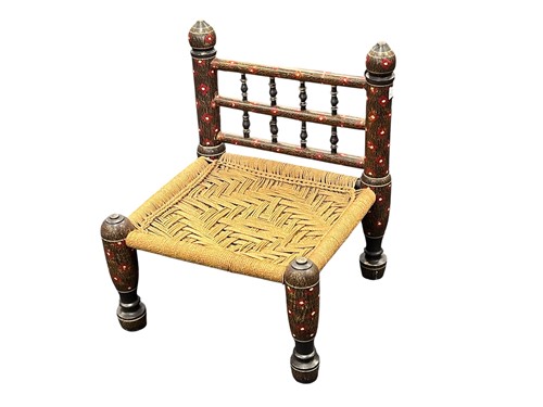 Lot 658 - An Indian painted low stool with rattan seat...